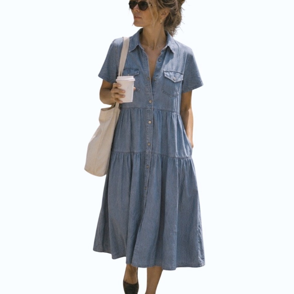 Denim Maxi Dress Tiered Button Down XL Blue Short Sleeve Chambray Butter Mom 90s
